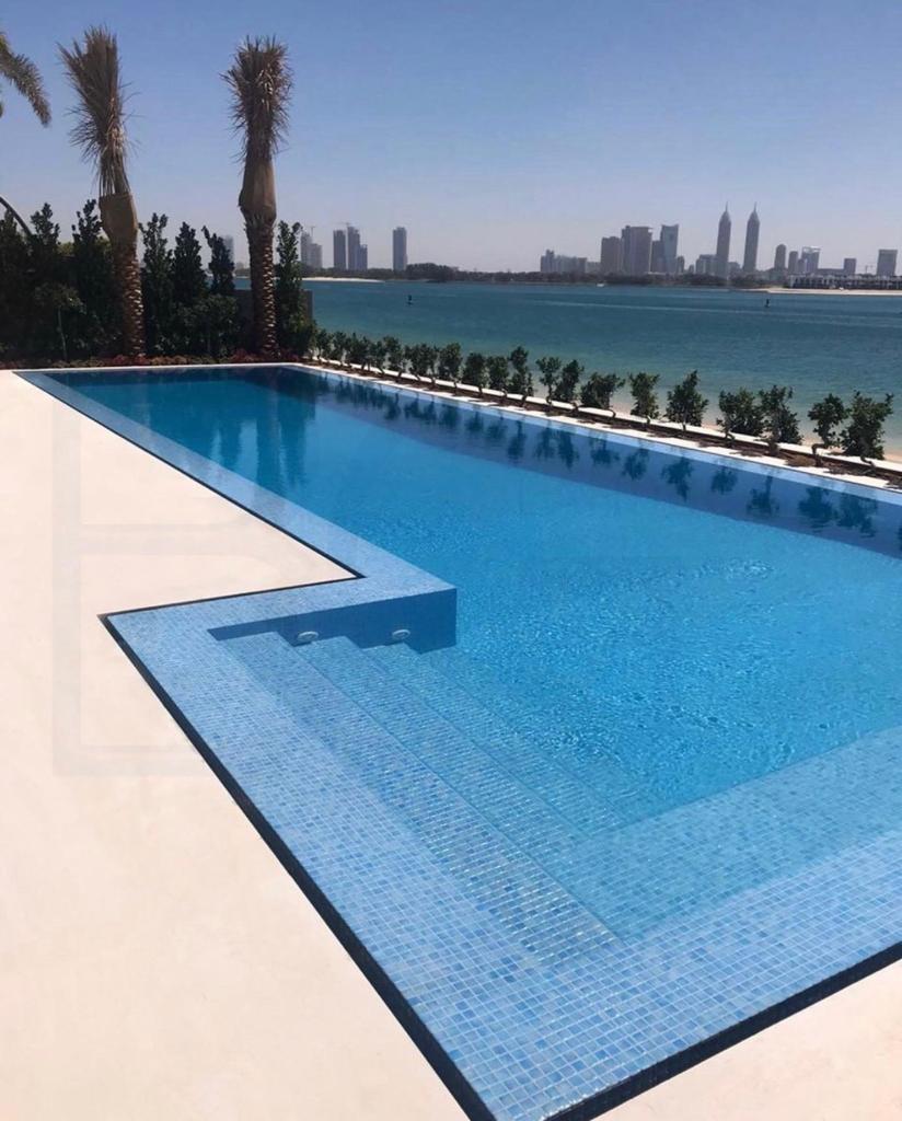 Pool with blue tiles overlooking a city skyline and water